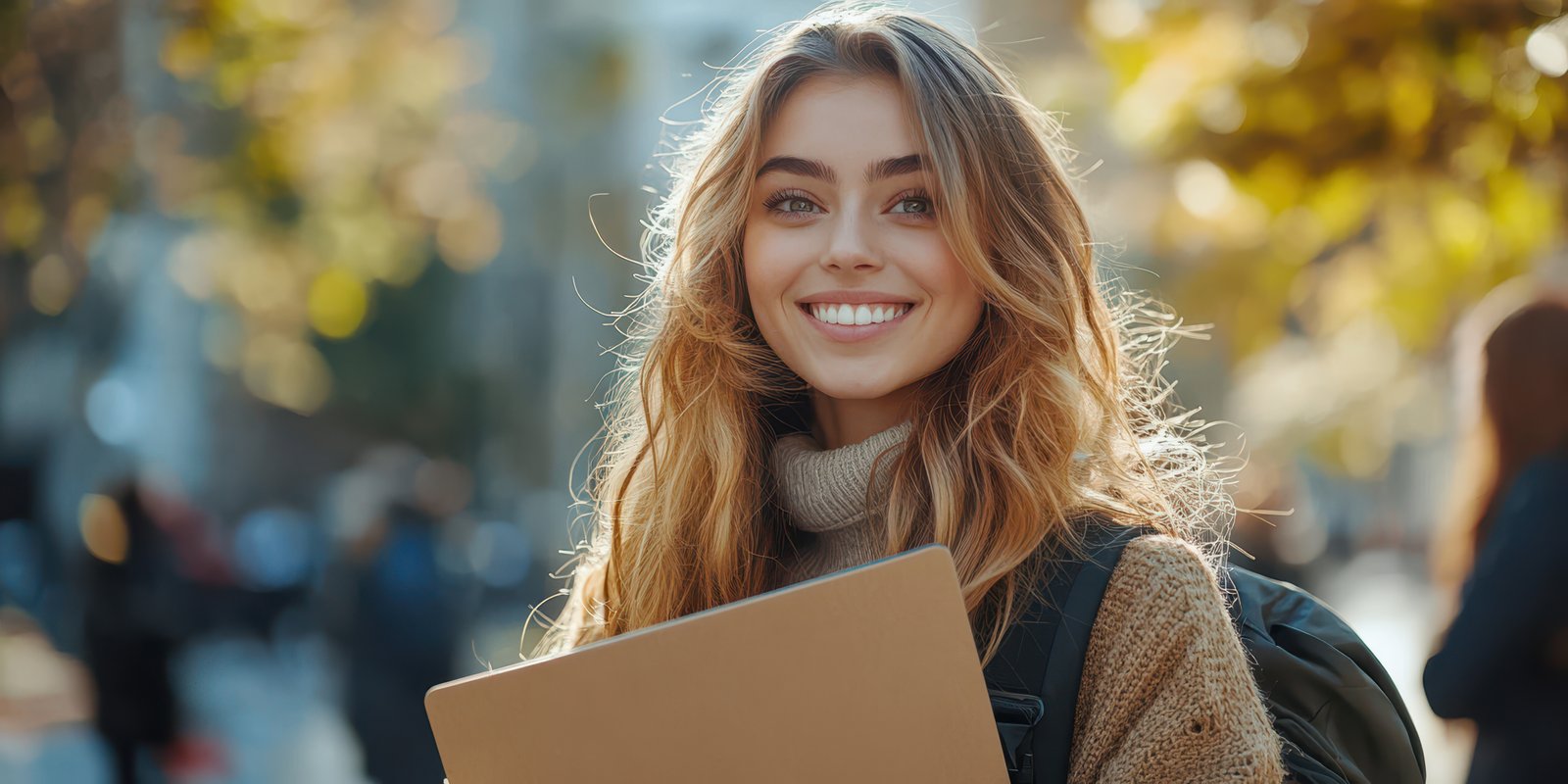 Young woman smiles while holding laptop outdoors in a lively urban setting surrounded by autumn foliage